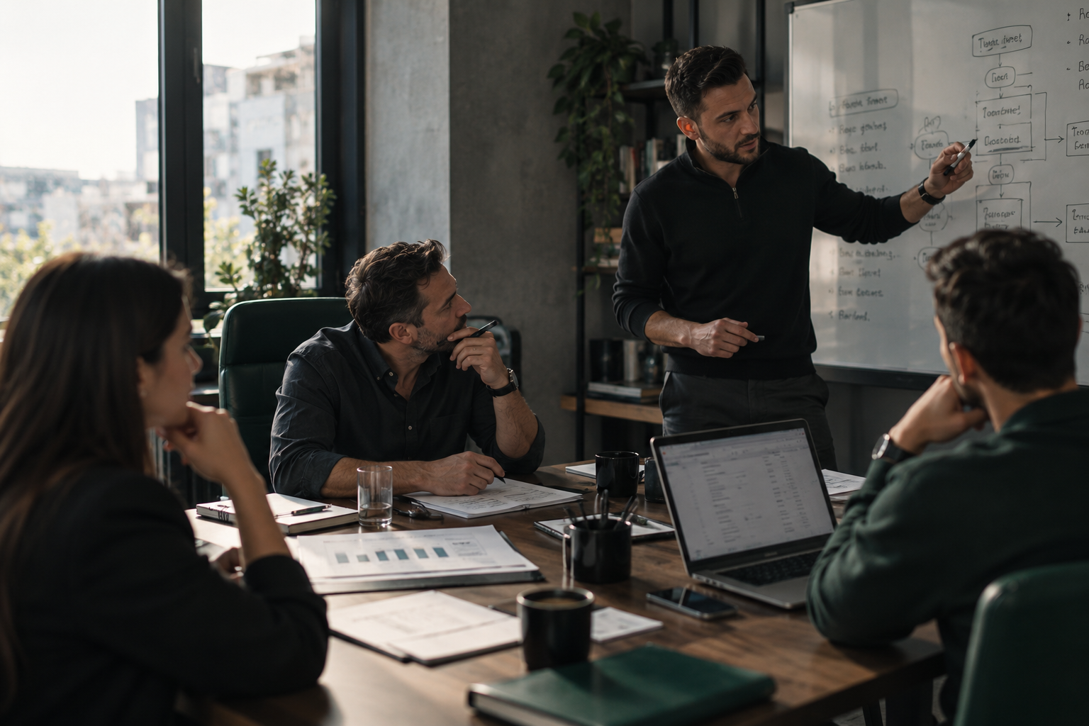 A team planning a process on a whiteboard