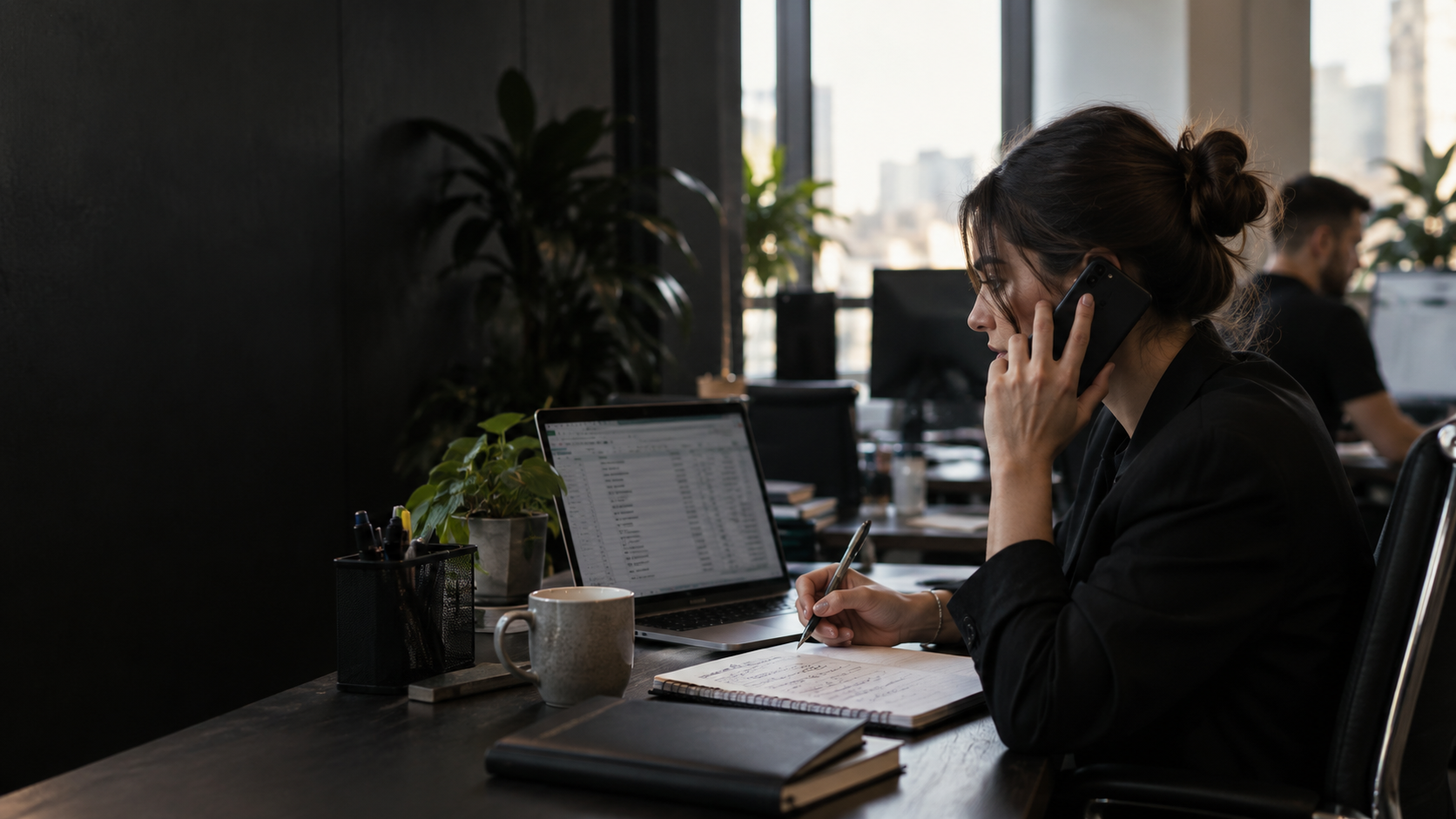 A woman on the phone taking notes next to a laptop