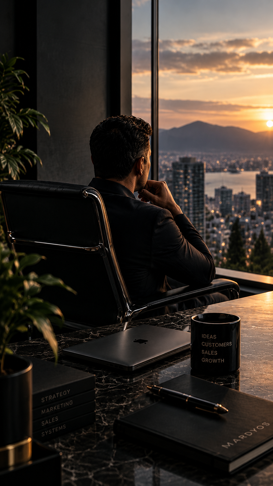 A business owner at his desk looking out over the city at sunset